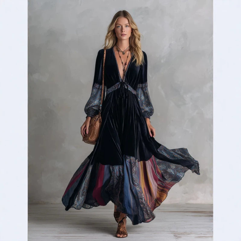 Vintage Floral Print V-Neck Long Dress