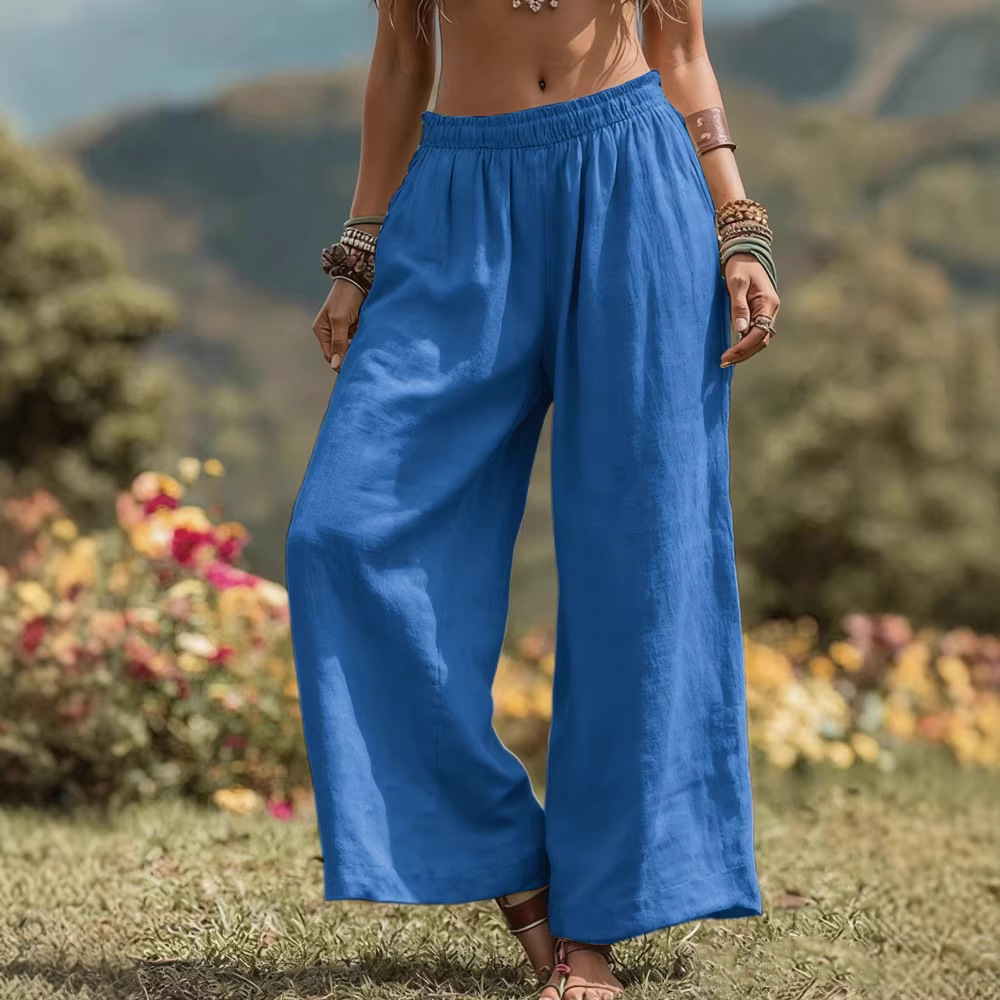 Women's Solid Color Wide-Leg Cotton Linen Pants with Pockets