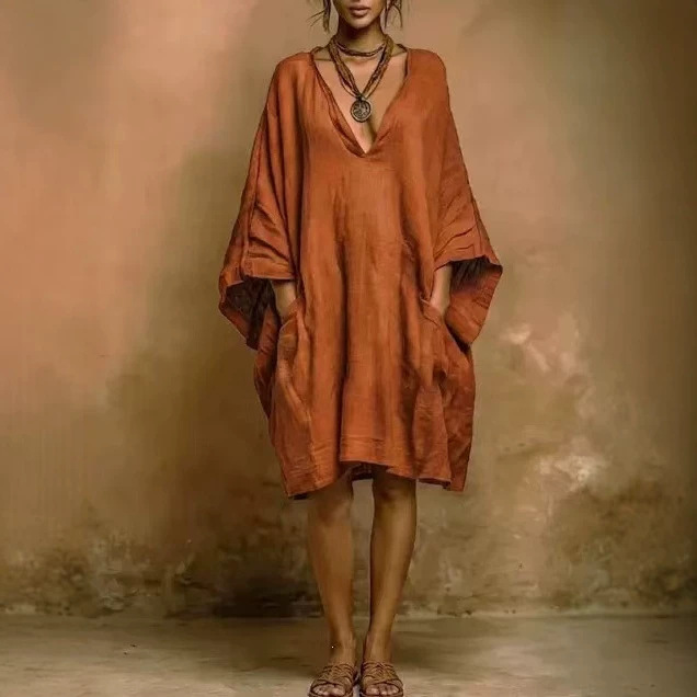 Casual Faux Cotton-Linen Batwing Sleeve Loose Dress