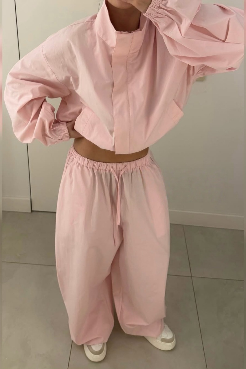 Women's Casual Tracksuit Set with Stand Collar Zip Cardigan and Wide-Leg Pants