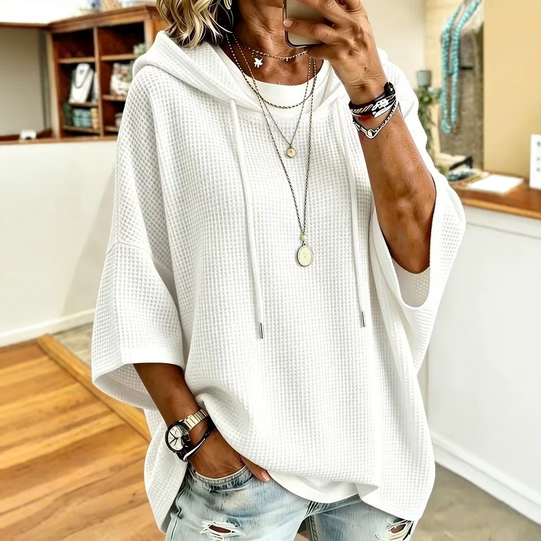 Women's Waffle Knit Hooded Drawstring Sweatshirt Casual Loose Fit