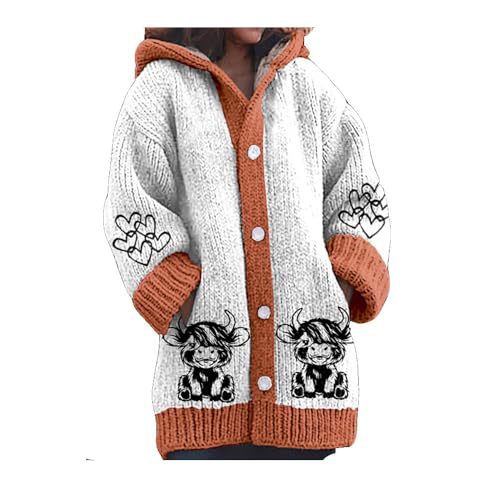 Women's Cartoon Cow Print Hooded Button Cardigan Sweater