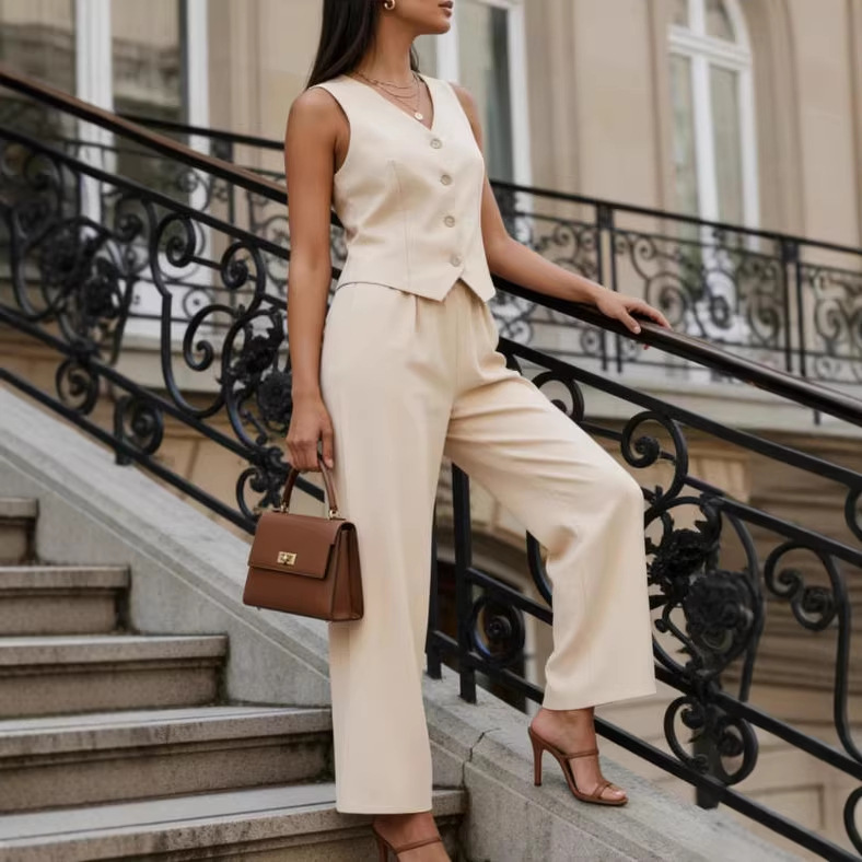 Women's Sleeveless Vest and Pants Two-Piece Set Solid Color Casual