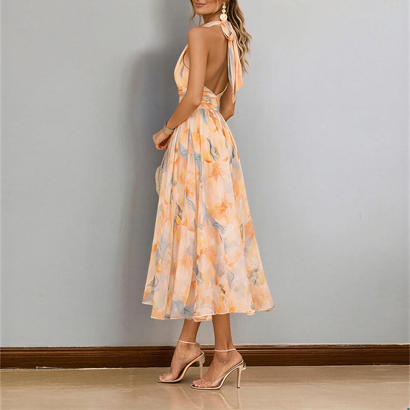 Elegant Printed A-Line Dress Sleeveless High Waist Long