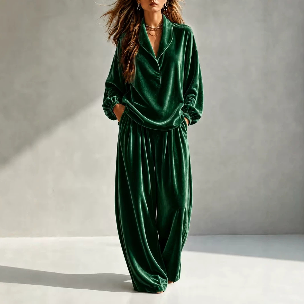 2026 Women's Autumn/Winter New Casual Fashion Velvet Long-Sleeve Long Pants Lapel Set for Amazon and Independent Sites