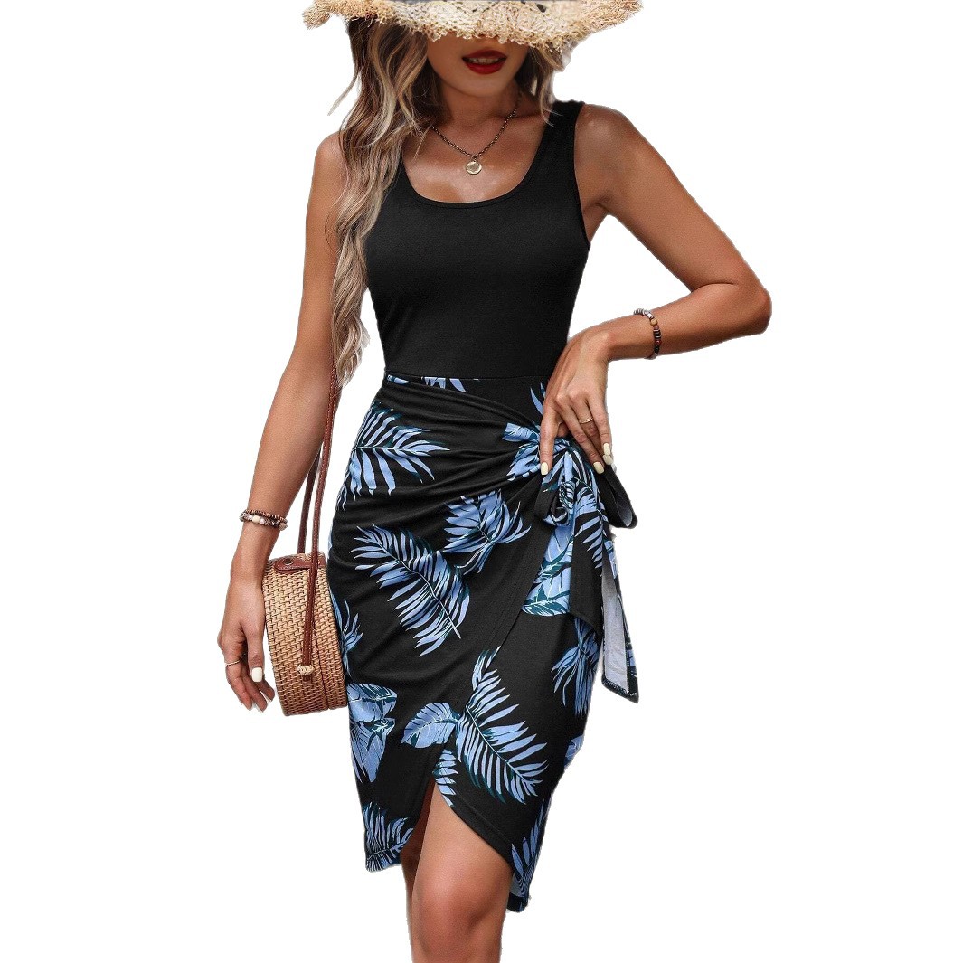 Tropical Print Sleeveless A-Line Midi Dress