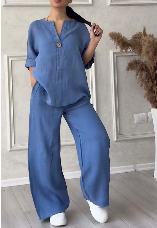 Women's Solid Color Cotton-Linen Casual Pant Set Long Sleeve