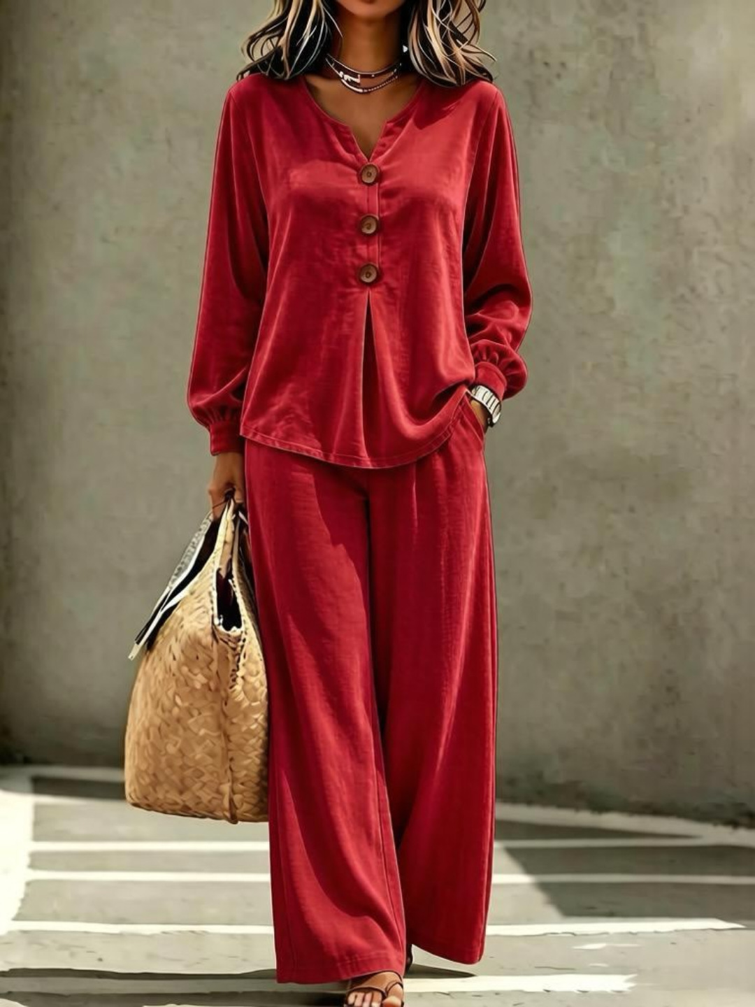 Women's Velvet Button V-Neck Long Sleeve Top and Pants Two-Piece Set