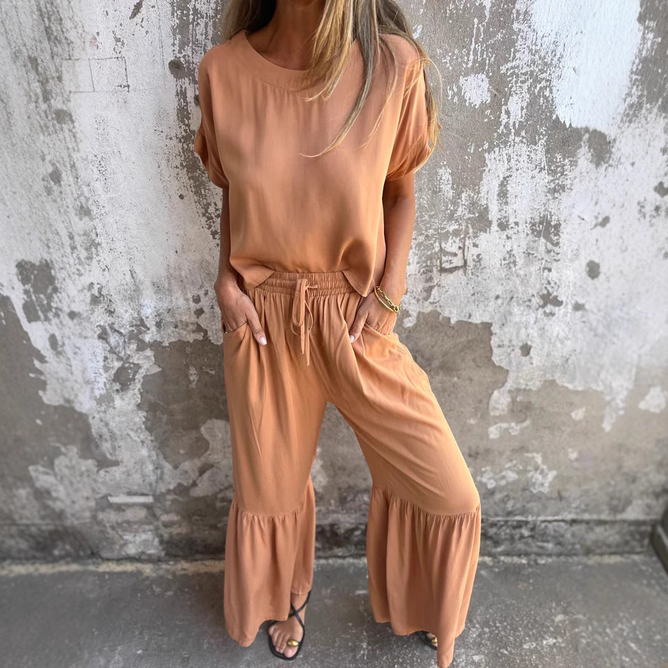 Women's Solid Color Cotton-Linen Short Sleeve Two-Piece Set