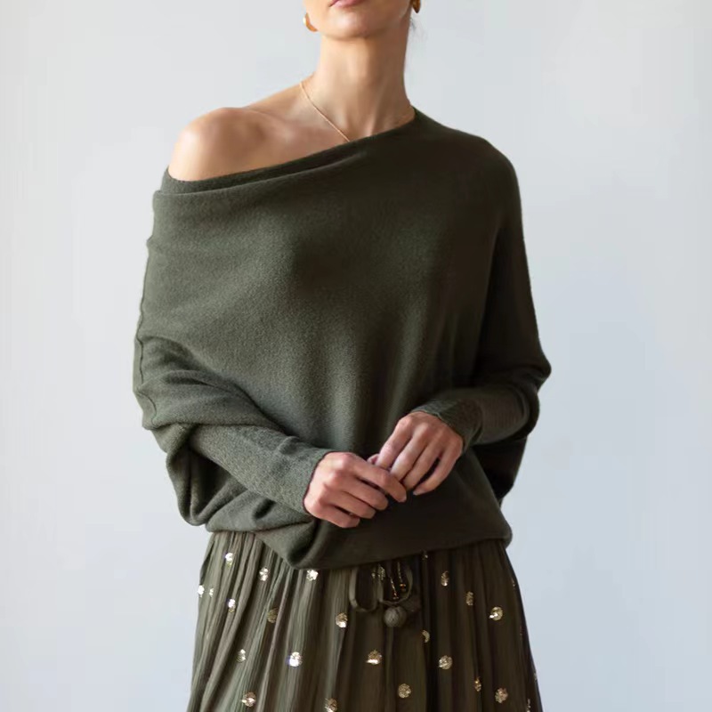Women's Off-Shoulder Knit Pullover Sweater with Batwing Sleeves