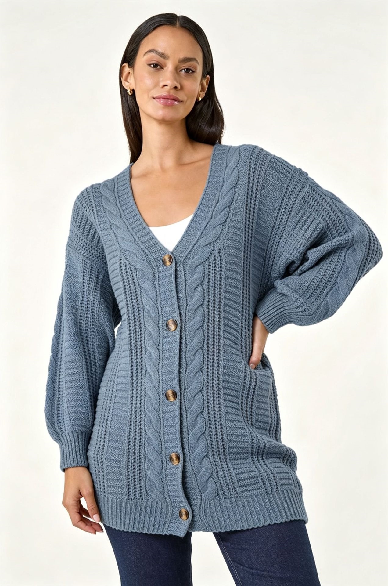 Women's Plus Size Solid Knit Cardigan V-Neck Lantern Sleeve Loose Fit