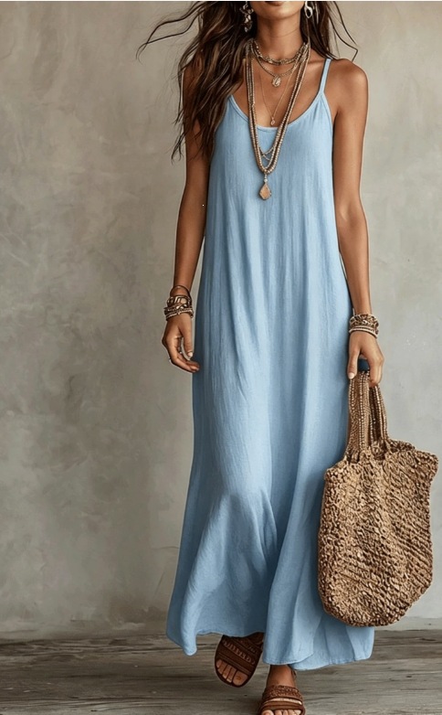 Boho Solid Color V-Neck Cami Dress Relaxed Fit