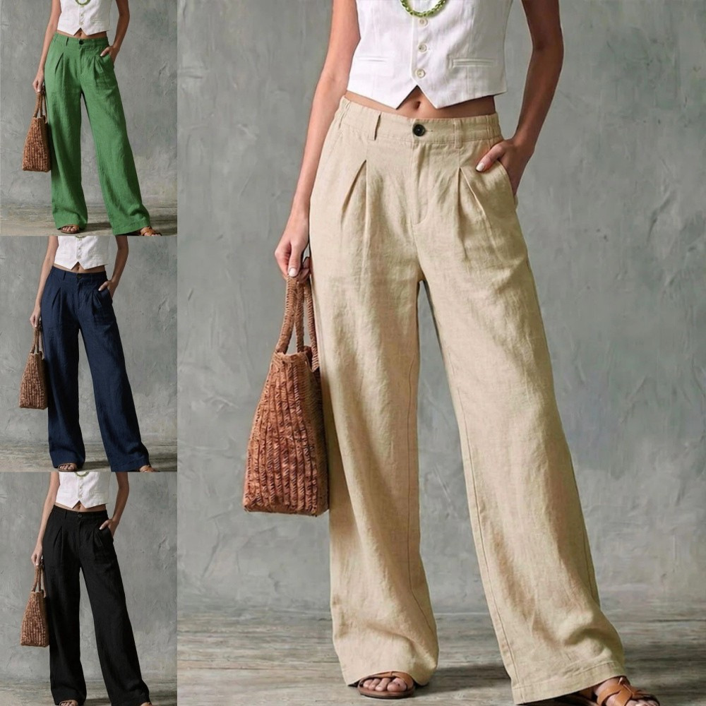 Women's Linen-Blend Wide-Leg Pants High-Waist Solid Casual