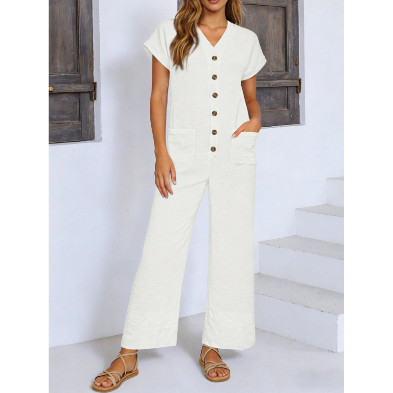 Women's Batwing Sleeve Wide Leg Jumpsuit V-Neck Button Casual Loose Fit