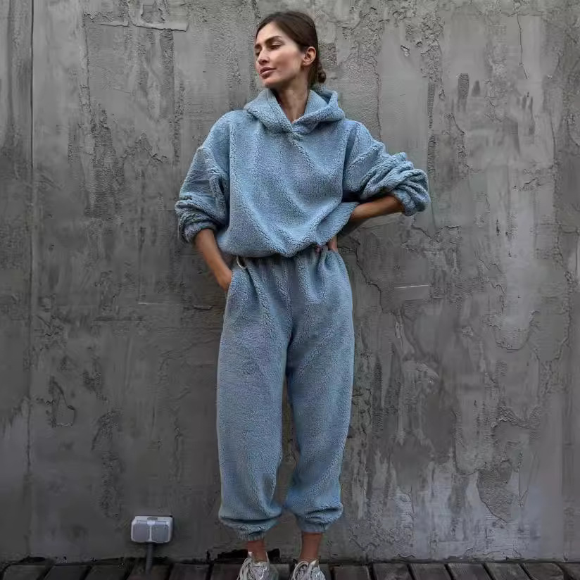 Fleece Solid Color Crewneck Long Sleeve Two-Piece Pant Set for Women
