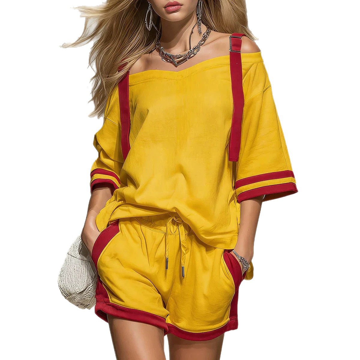 Women's Off-Shoulder Colorblock T-Shirt Set Casual Summer