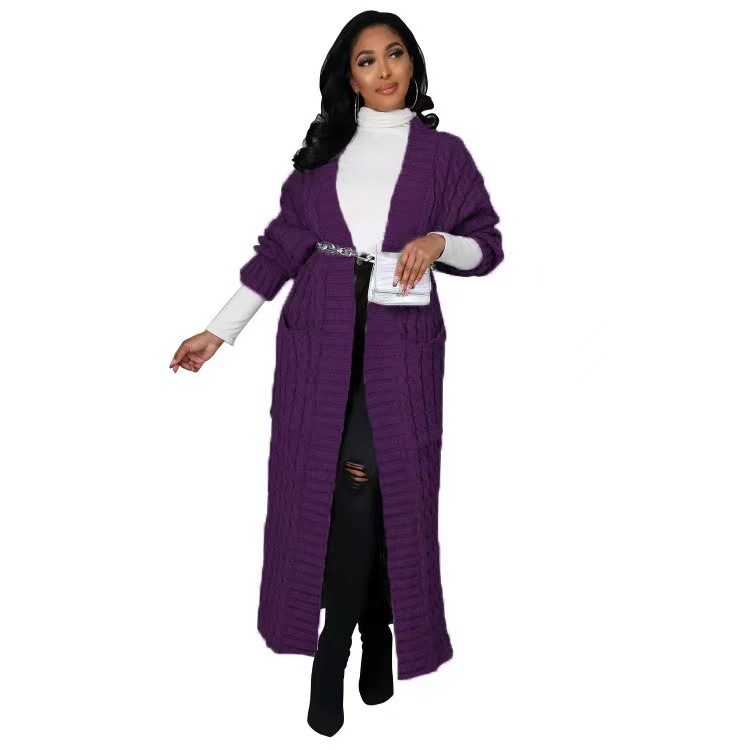Cable-Knit Open-Front Long Cardigan with Pockets