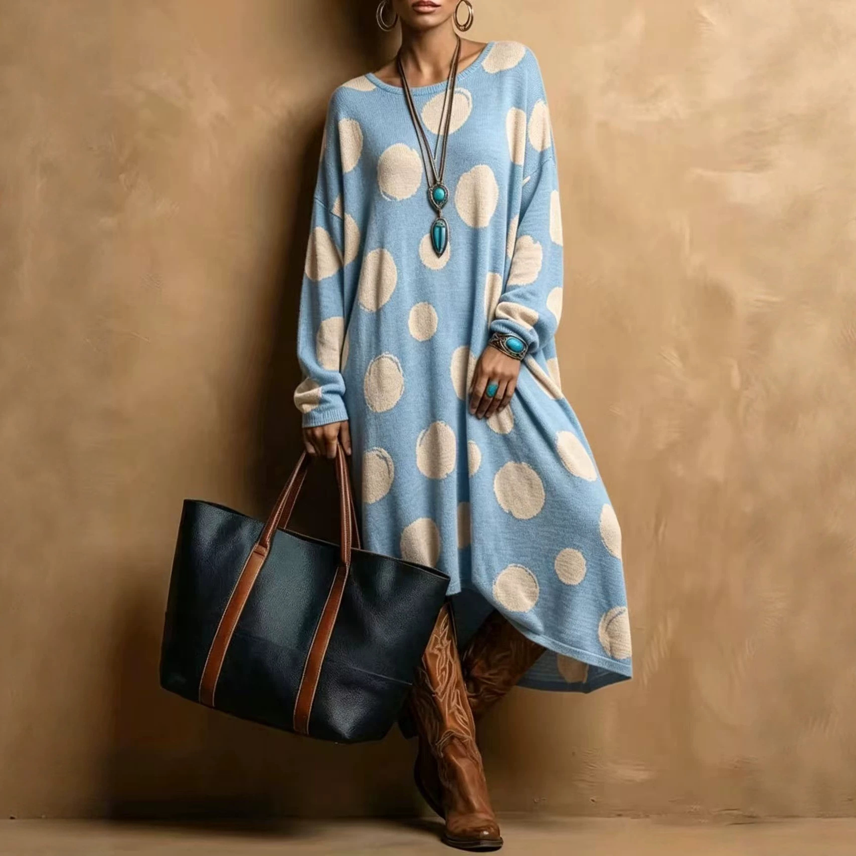 Retro American Polka Dot Print Loose A-Line Long Sleeve Round Neck Dress