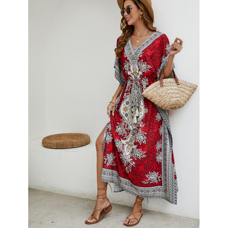 Boho Beach Cover-Up Dress Loose Printed V-Neck Long Sun Protection