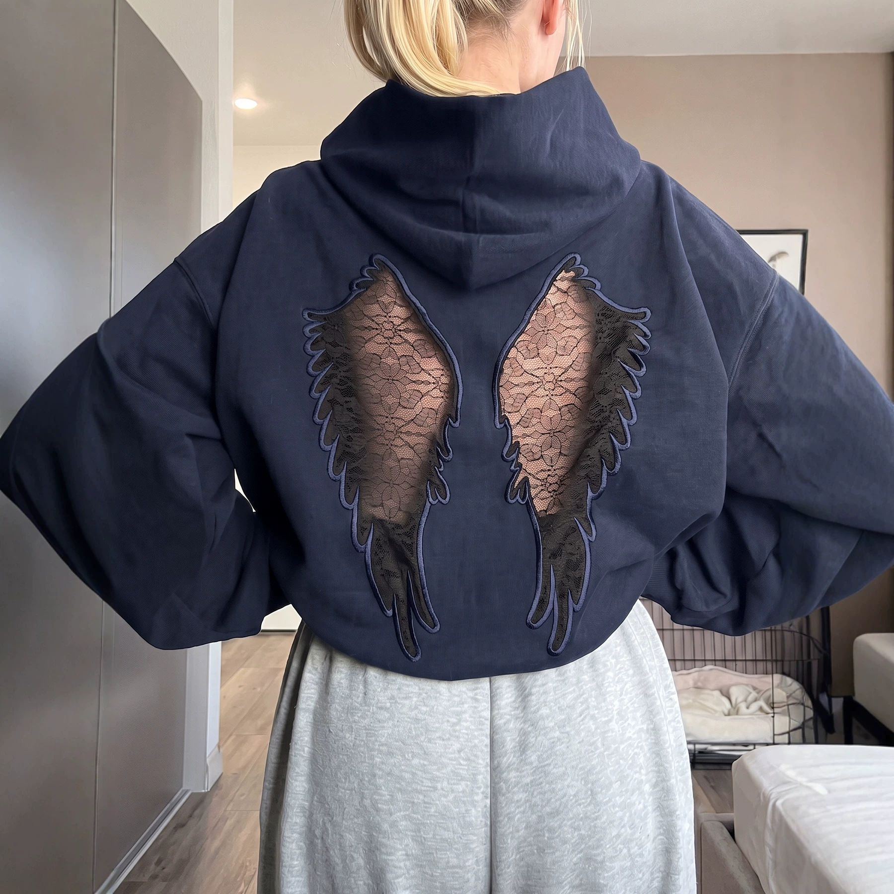 Women's Casual Hooded Cutout Embroidered Wing Long-Sleeve Sweatshirt