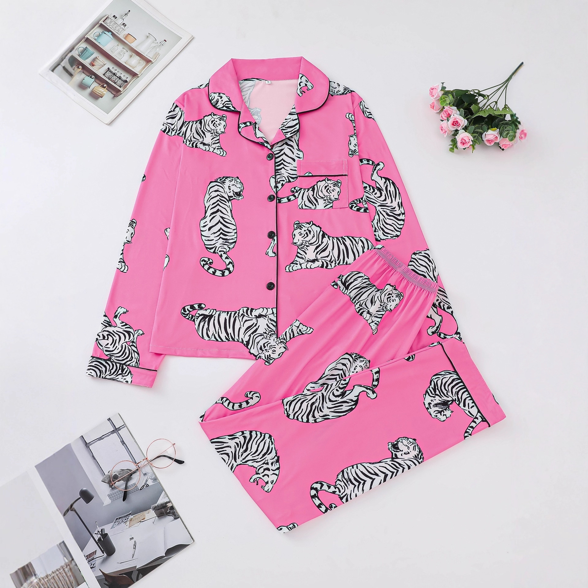 Cuban Collar Animal Print Women's Pant Set