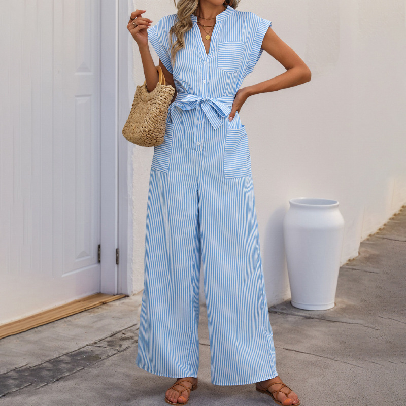 Sleeveless V-Neck Blue & White Striped High-Waist Jumpsuit