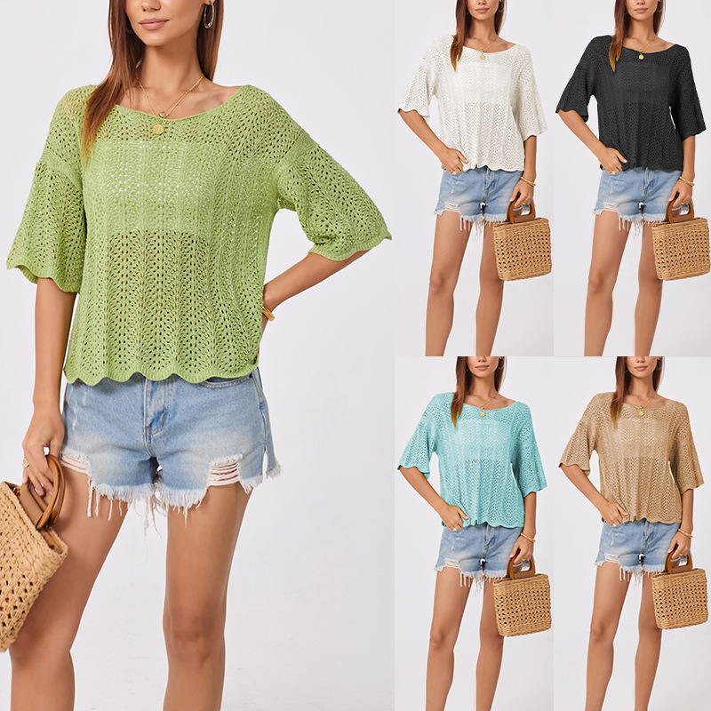 Women's Loose Hollow-Out Knit Crewneck Top