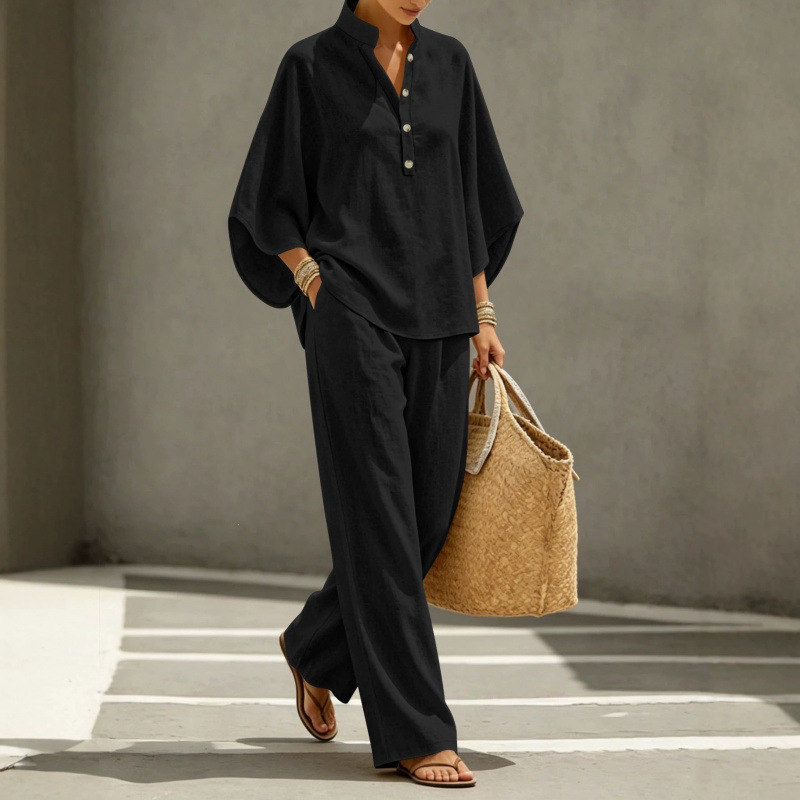 Minimalist Loose Batwing Sleeve Half-Placket High-Waist Wide-Leg Two-Piece Set