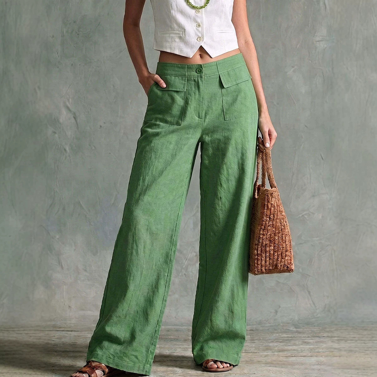 Women's Solid Color Cotton-Linen Wide-Leg Pants High Waist Loose Casual Long Pants