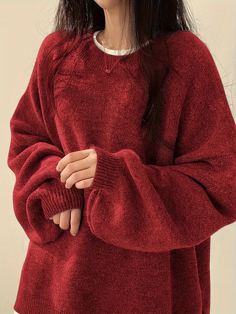 Women's Solid Crewneck Pullover Sweater Casual Long Sleeve Drop Shoulder Slit Knit Top