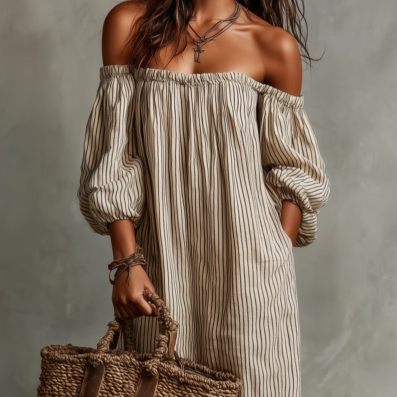 Striped Off-Shoulder Cotton-Linen Midi Dress