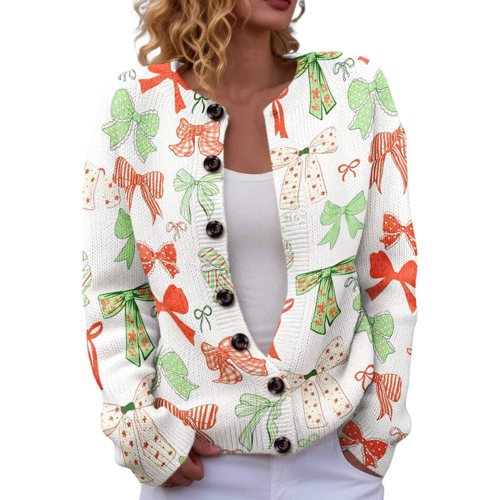 Women's Heart Ribbon Bow Cherry Print Cardigan