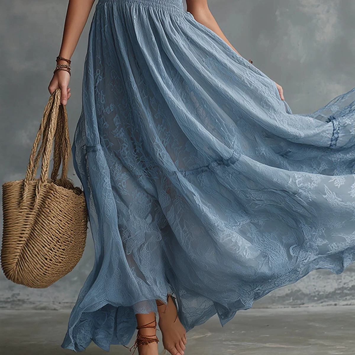 Women's Halter Neck Smocked Sleeveless Jacquard Long Dress