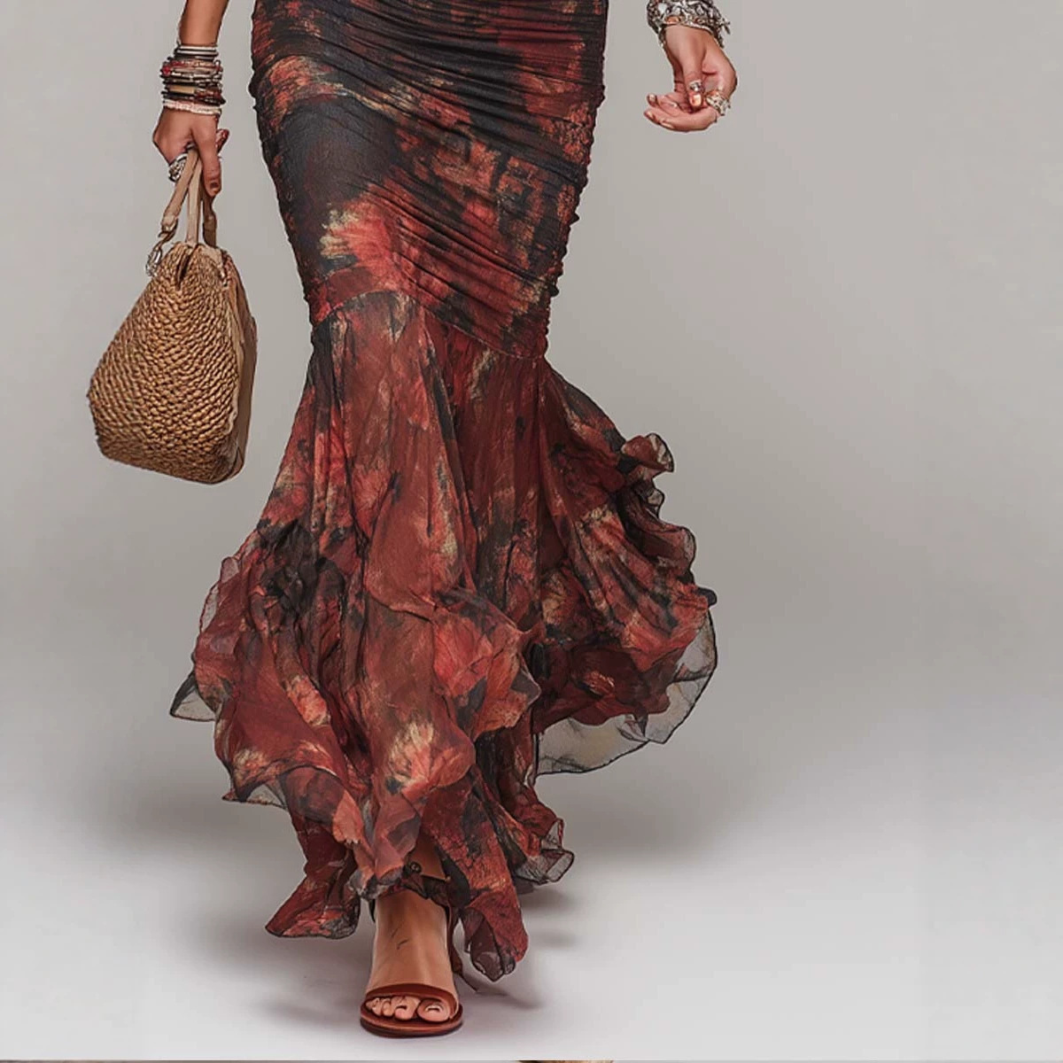 Vintage Red-Brown Floral Lace Halter Deep V Ruched Waist Mesh Mermaid Dress