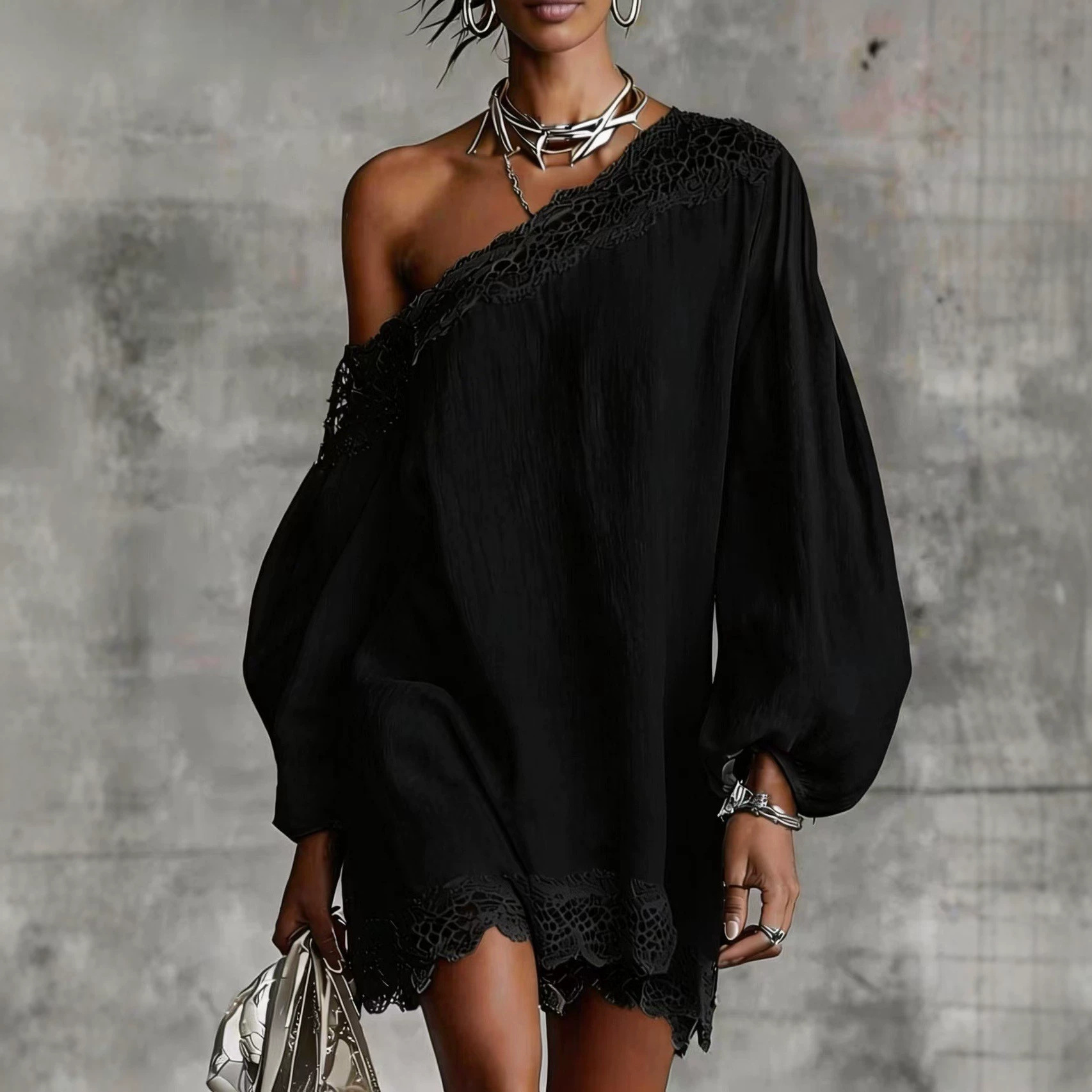 Lace Panel One-Shoulder Long Sleeve Loose Casual Dress