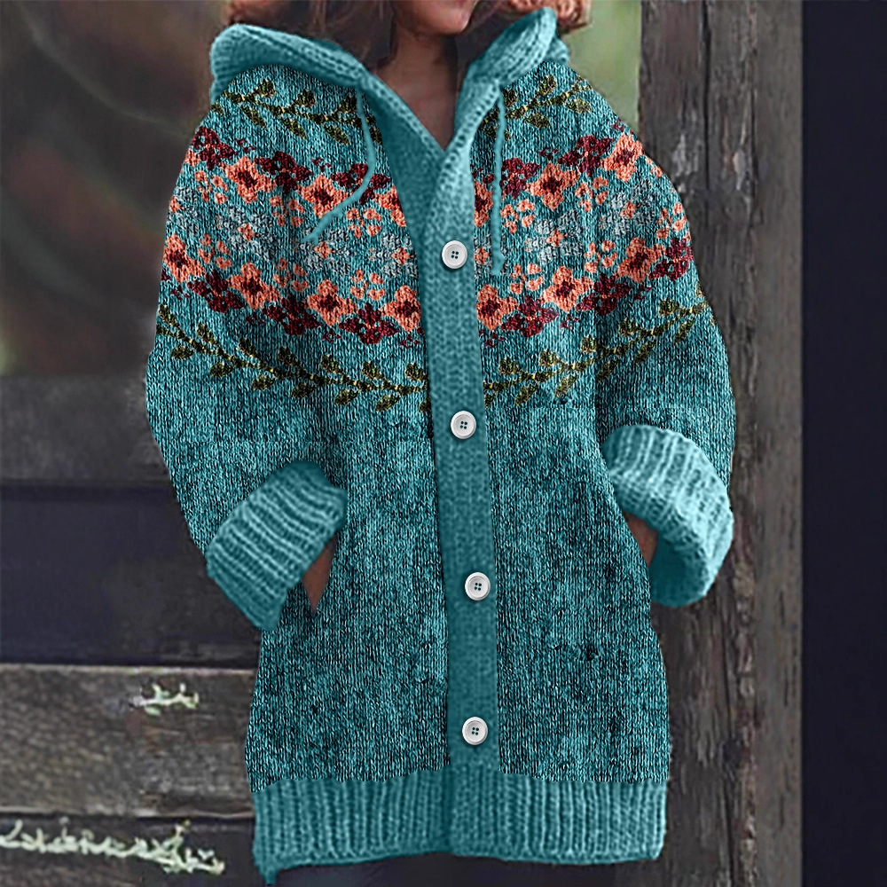Women's Colorful Animal Print Hooded Button Cardigan Sweater