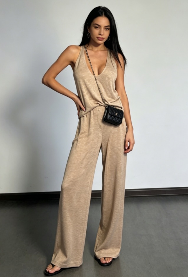Women's Sleeveless Top and Straight-Leg Pants Two-Piece Set Solid Color