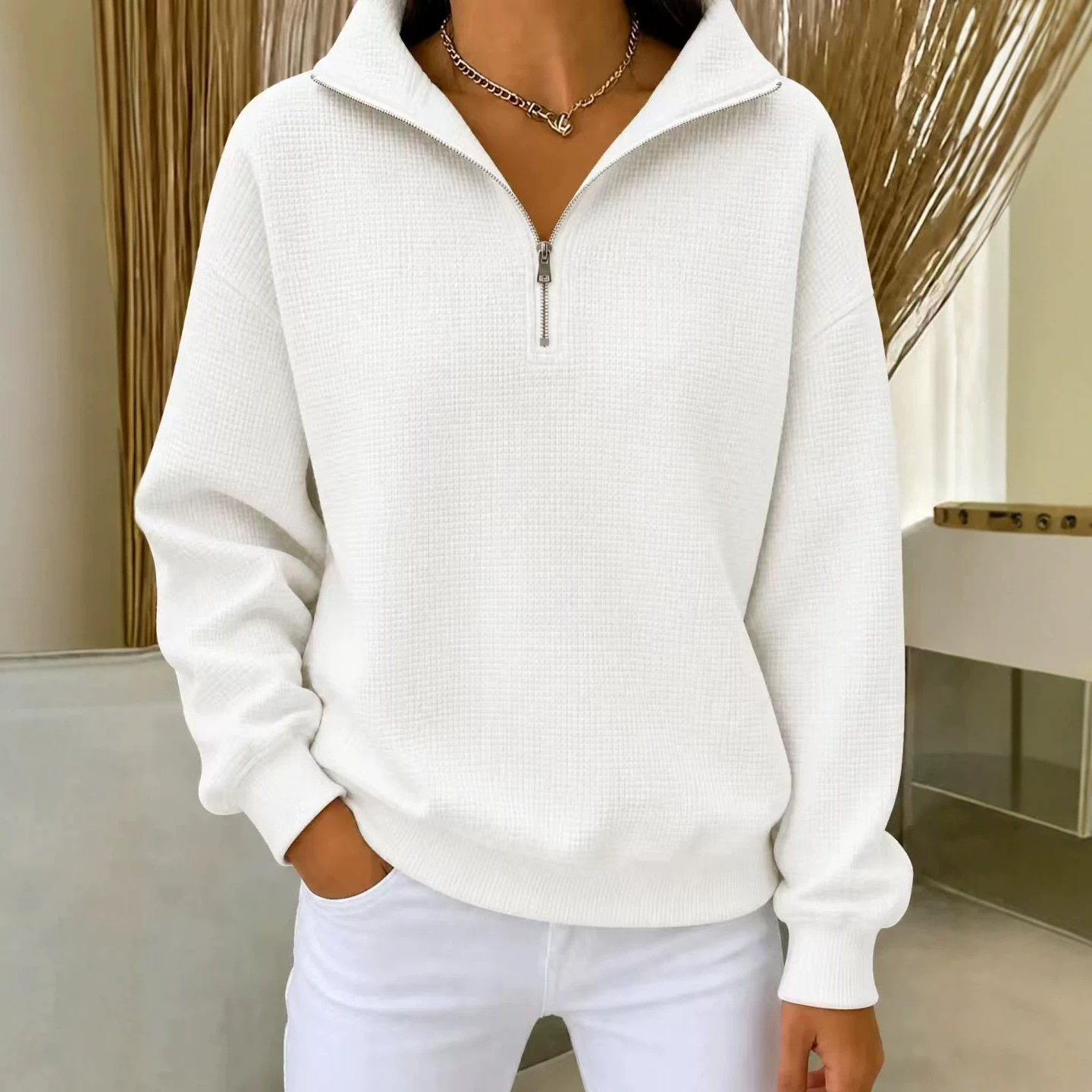 Women's Waffle Knit Solid Stand Collar Zip-Up Long Sleeve Sweatshirt