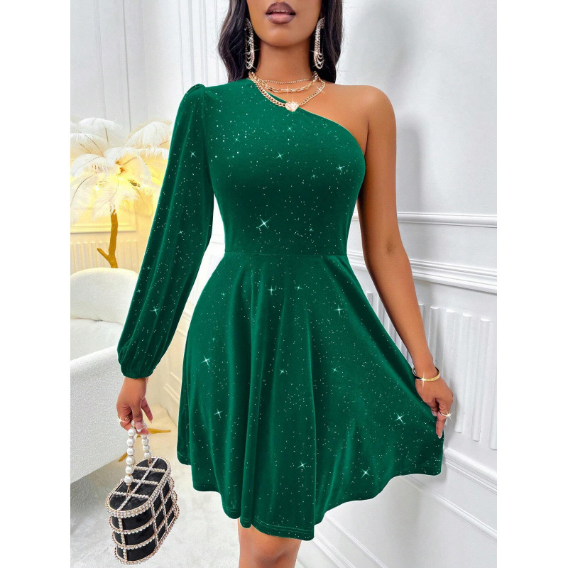 One-Shoulder A-Line Mini Dress in Faux Suede