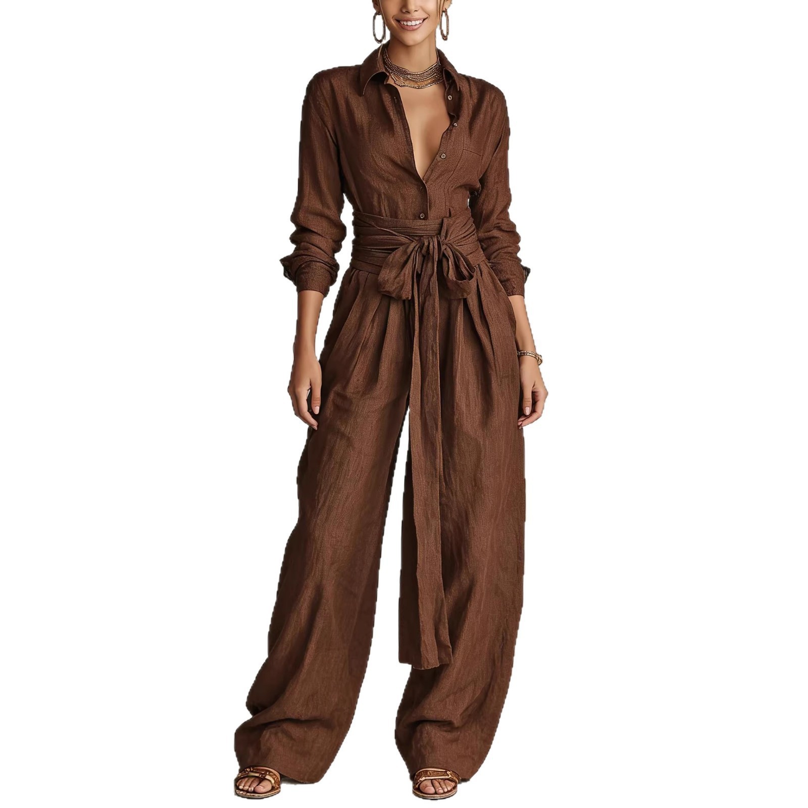 Solid High-Waist Short-Sleeve Shirt & Pants Casual Set