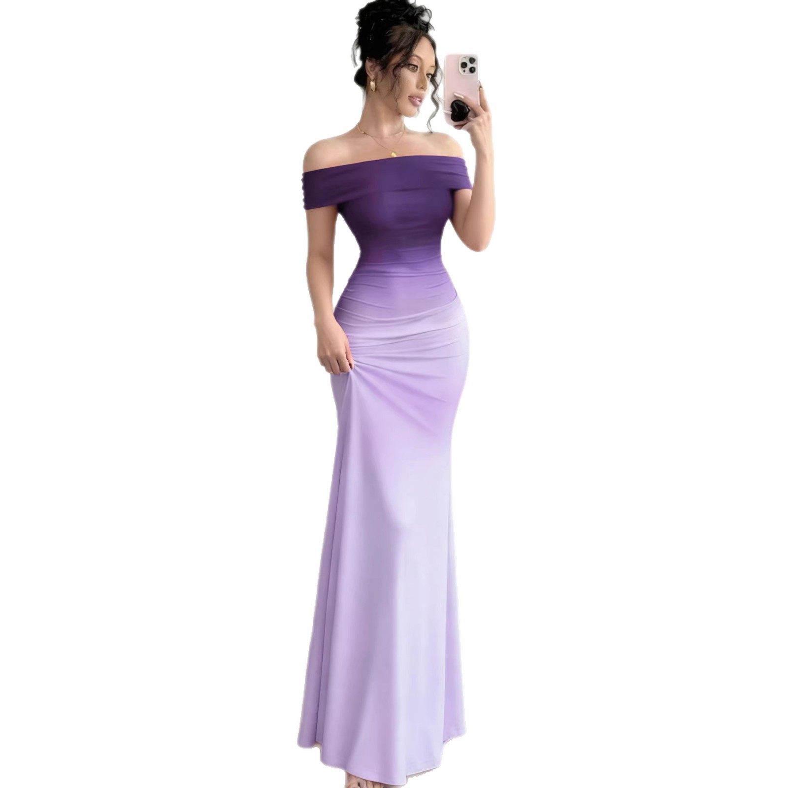 Women's Gradient Off-Shoulder Short Sleeve Bodycon Long Dress