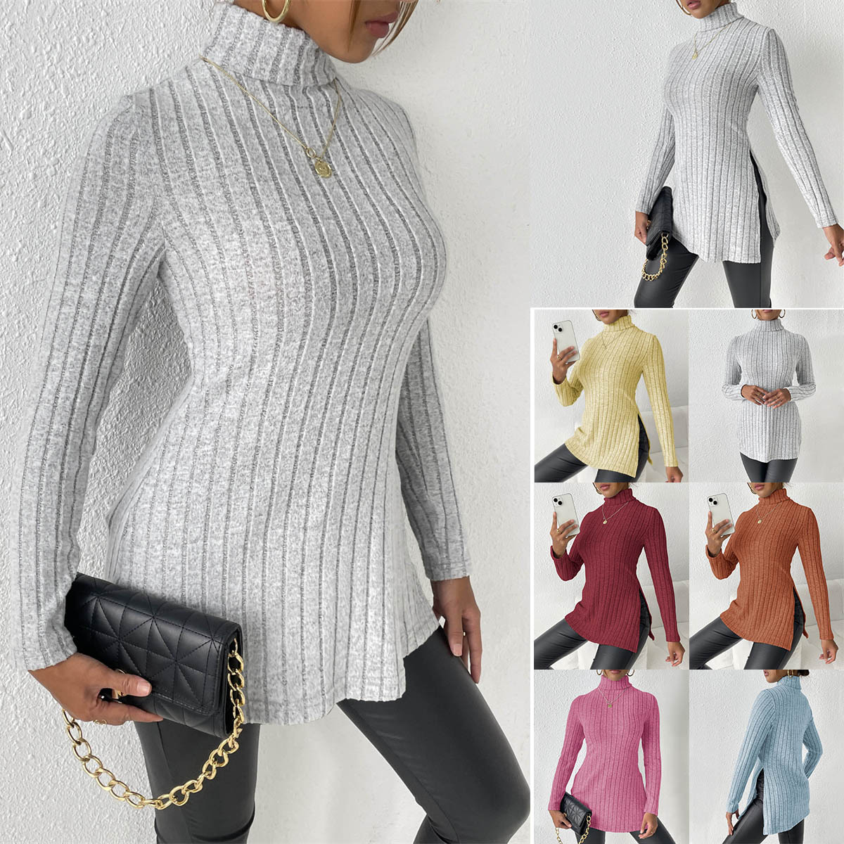 High Neck Slim Fit Split Hem Long Sleeve Midi Sweater
