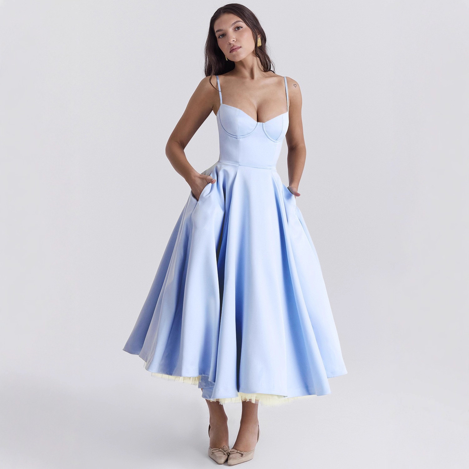 Women's French Style Tulle Double-Layer Cami Maxi Dress with Full Skirt