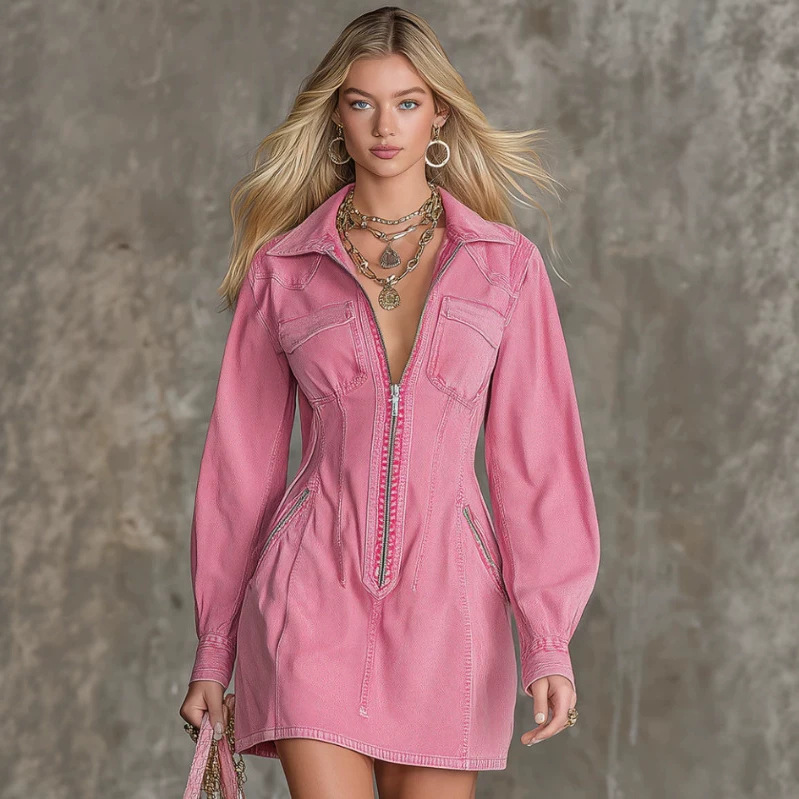 Retro Deep V-Neck Zip-Up Fitted Denim Mini Dress