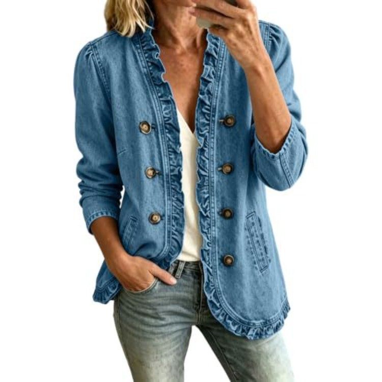 Washed Denim Jacket for Women Ruffle Button-Front Long-Sleeve Casual