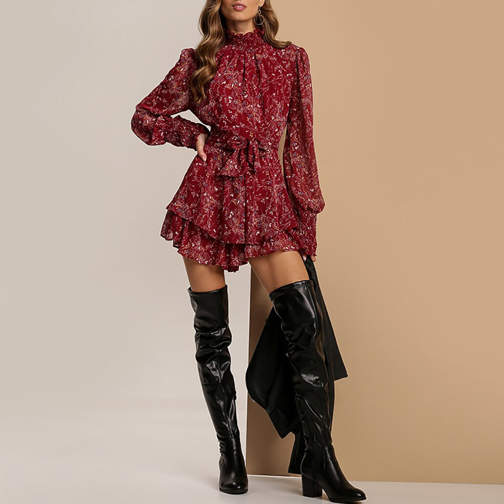 Women's Fall Print Dress with Waist-Cinching High-Waist A-Line Silhouette
