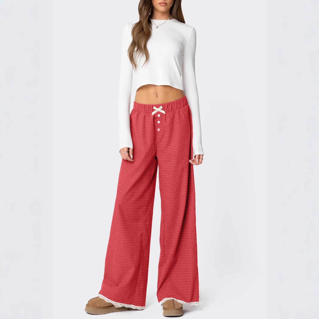Plaid Print Straight Leg Elastic Waist Lace Trim Pants