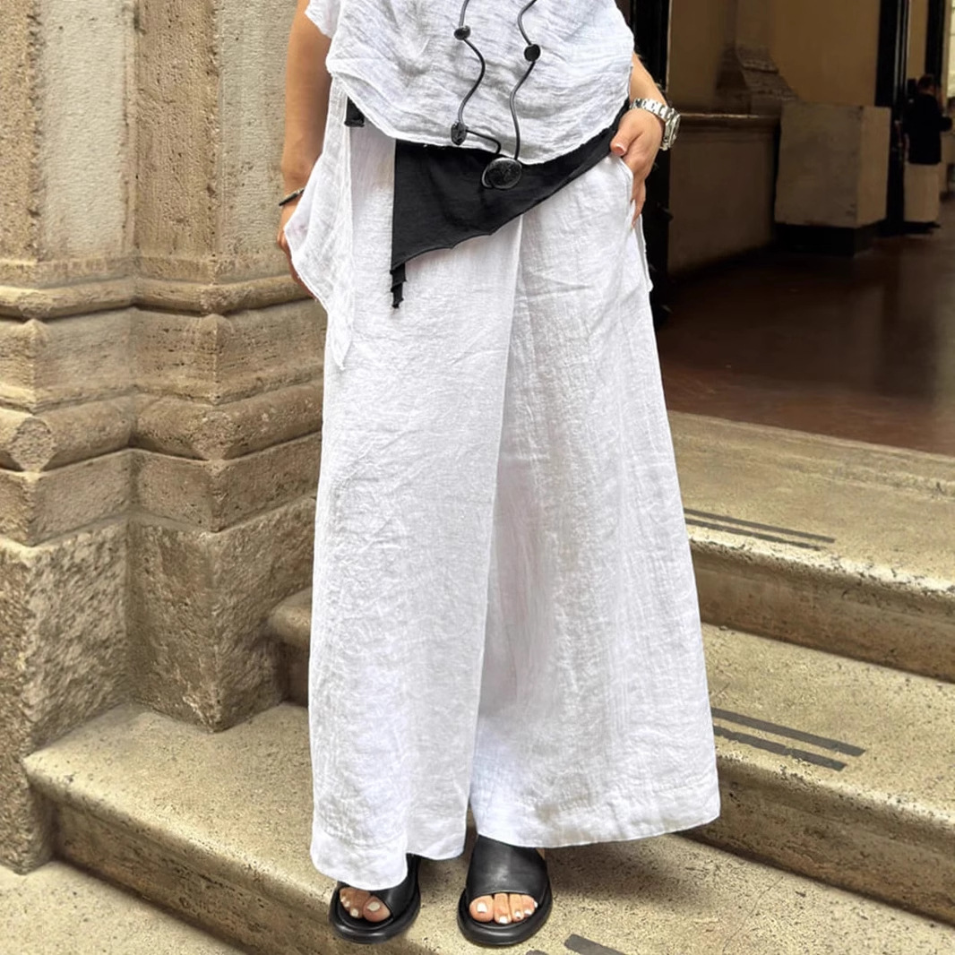 Women's Solid Color Wide-Leg Pants with Pockets and Elastic Waist