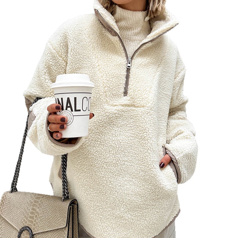 Women's Fleece Pullover Hoodie with Stand Collar, Loose Fit