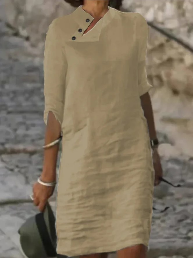 Women's Cotton Linen Button Front Stand Collar Midi Dress